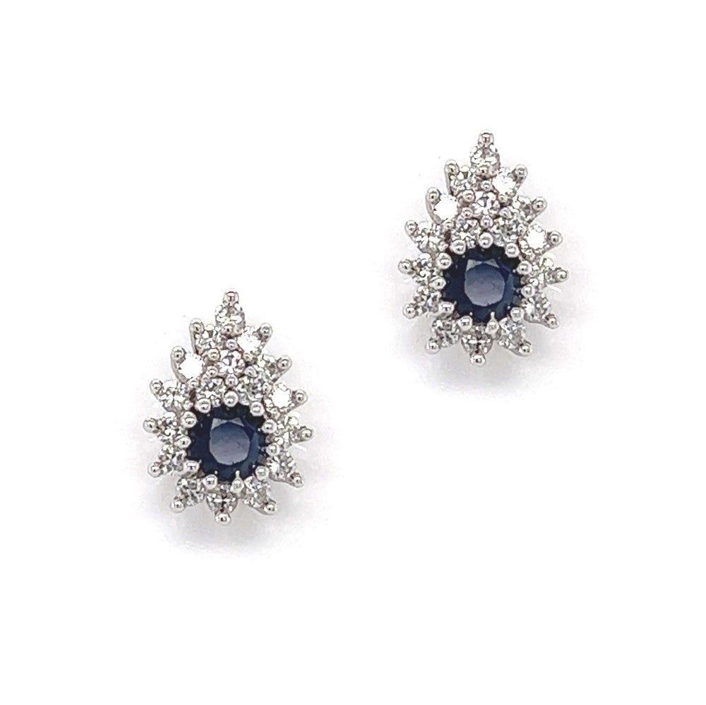 Sterling Silver Blue & White CZ Cluster Stud Earrings