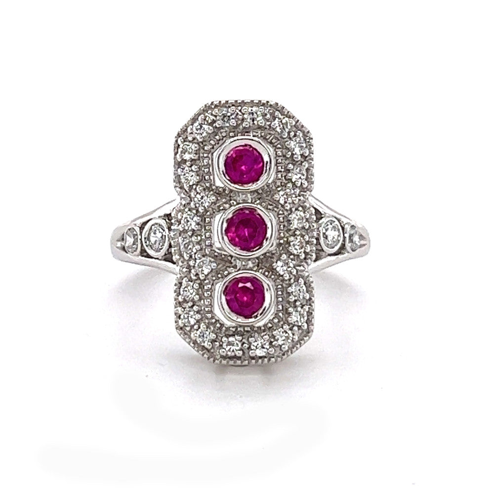 Sterling Silver Red & White CZ Silver Deco Style Triple Cluster Ring