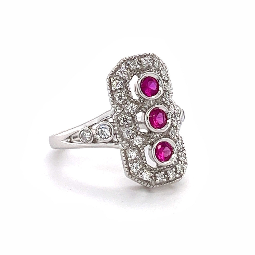 Sterling Silver Red & White CZ Silver Deco Style Triple Cluster Ring side