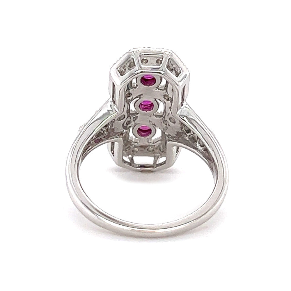 Sterling Silver Red & White CZ Silver Deco Style Triple Cluster Ring rear