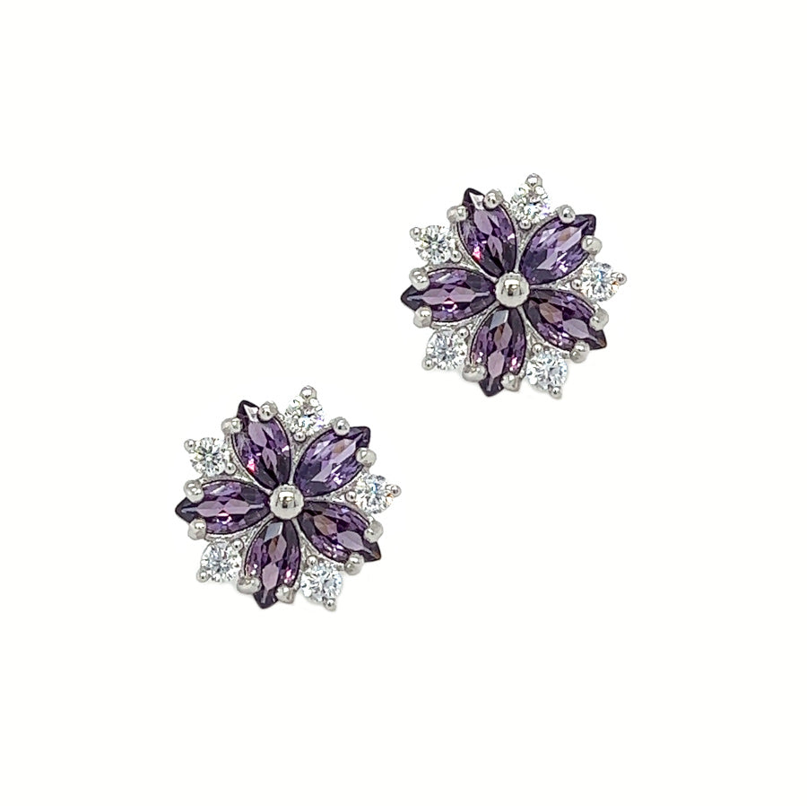 Sterling Silver Purple & White CZ Cluster Earrings