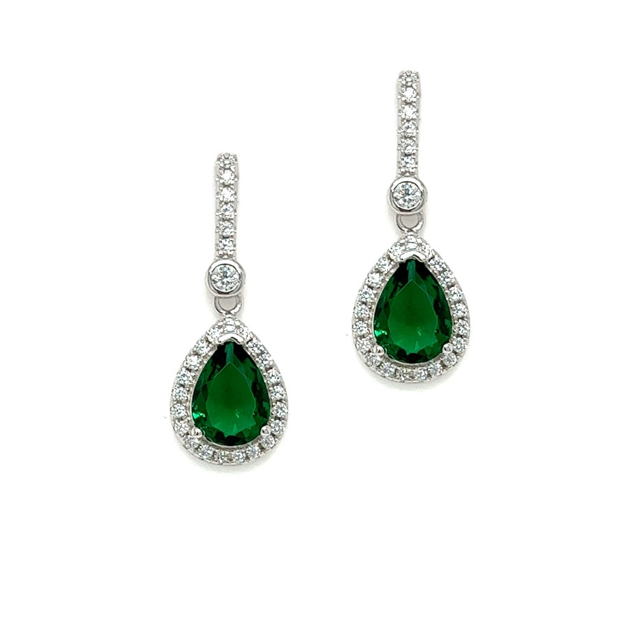 Silver Green & White CZ Tear Drop Earrings
