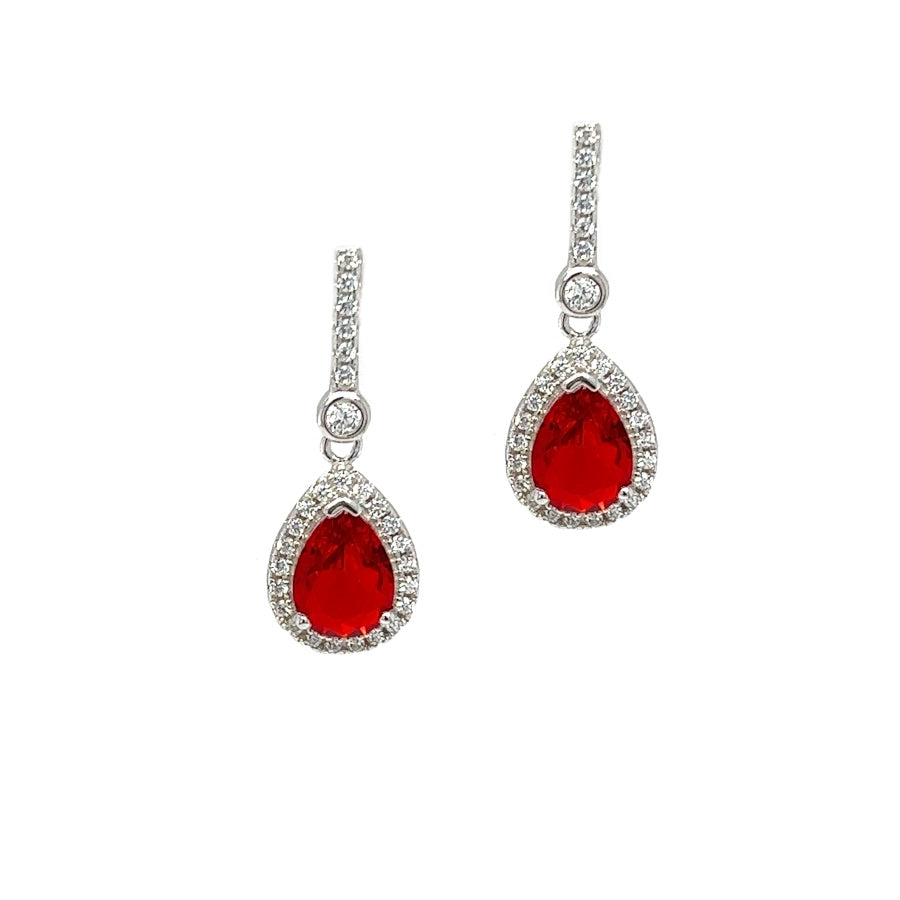 Silver Red & White CZ Tear Drop Earrings