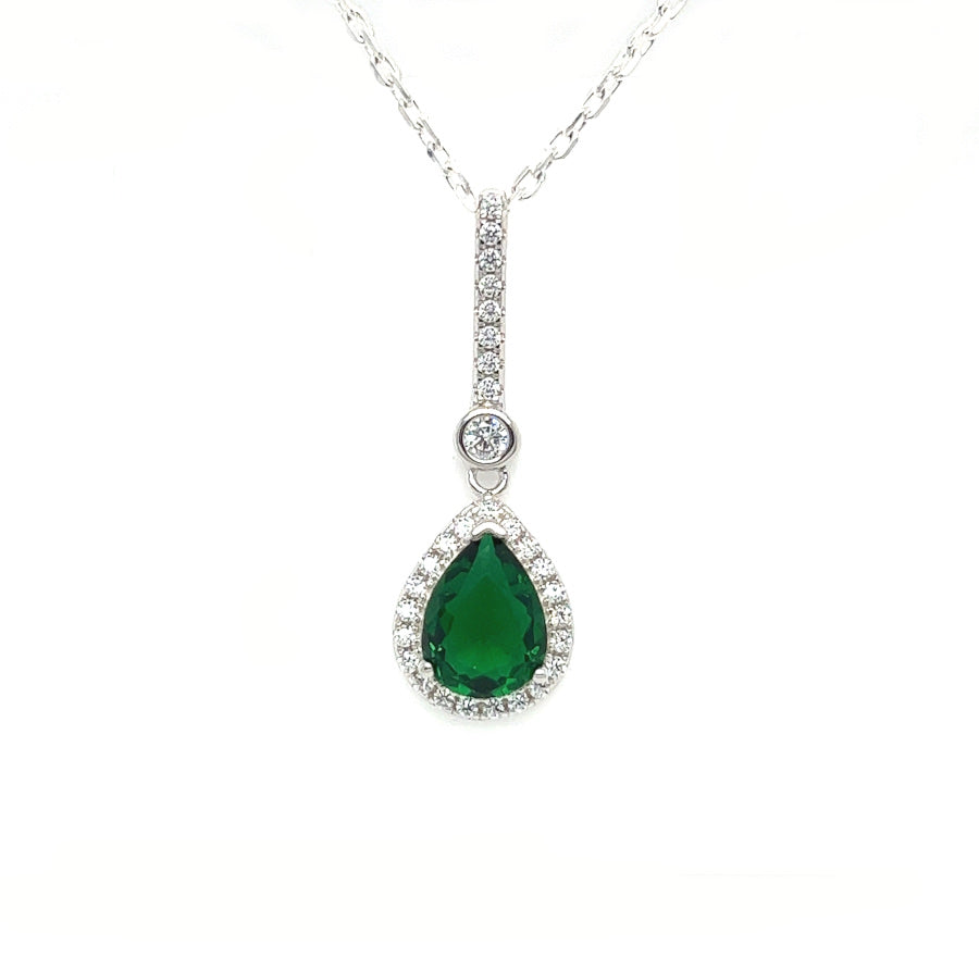 Silver Green & White CZ Tear Drop Necklace
