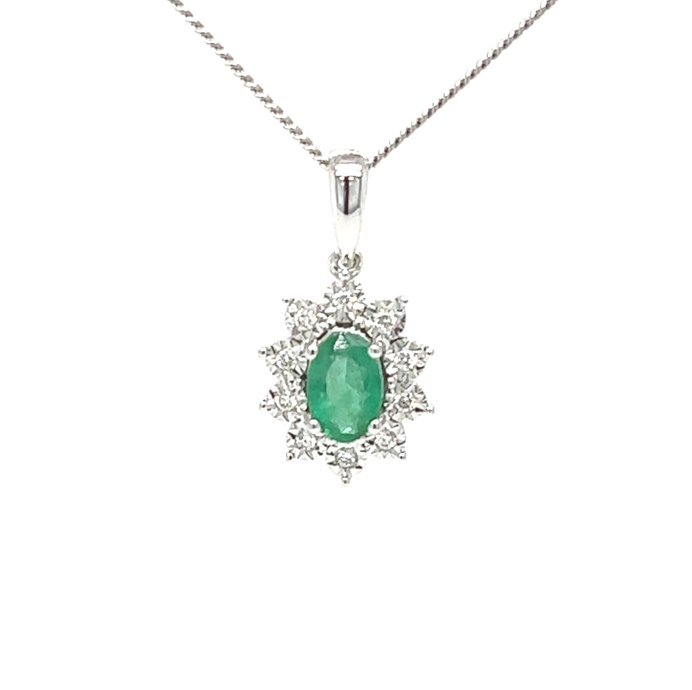 Emerald & Diamond Illusion Set Oval Cluster Necklace