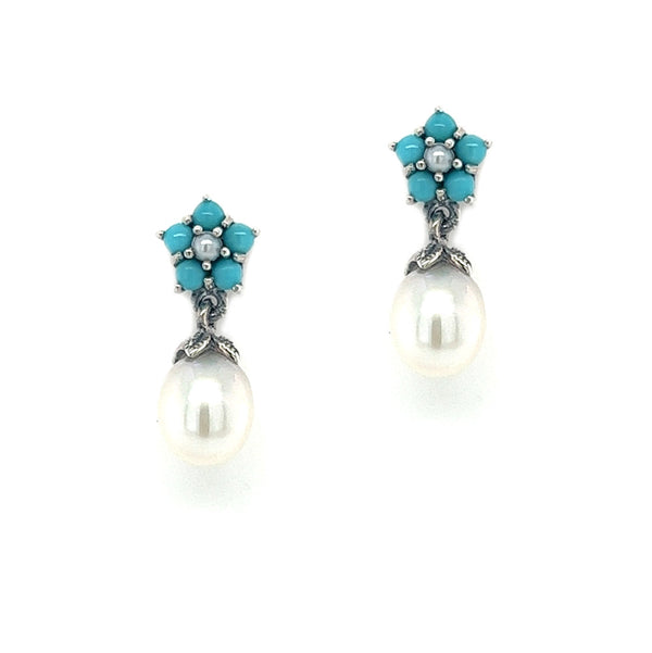 Silver Freshwater Pearl & Turquoise Flower Drop Earrings