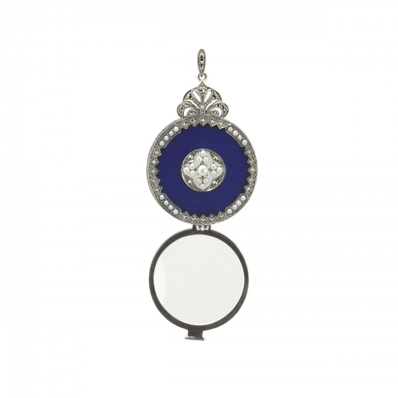 Silver Marcasite, Enamel & Pearl Magnifier Pendant open