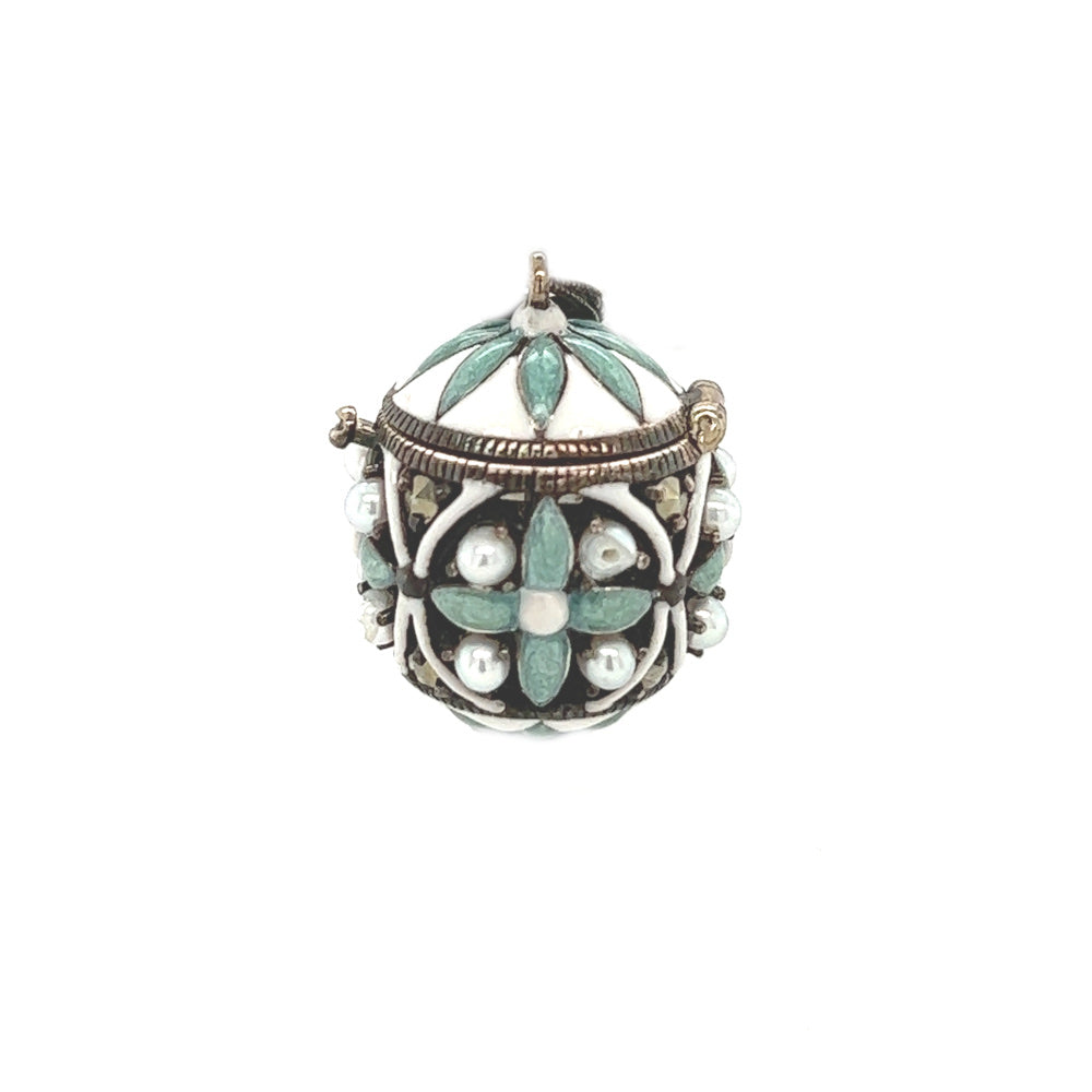 Sterling Silver Aqua & White Enamel Egg Pendant
