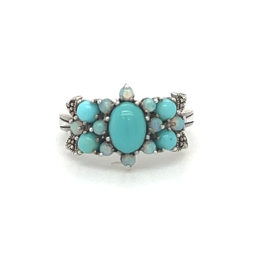 Silver Turquoise & Opal Cluster Ring