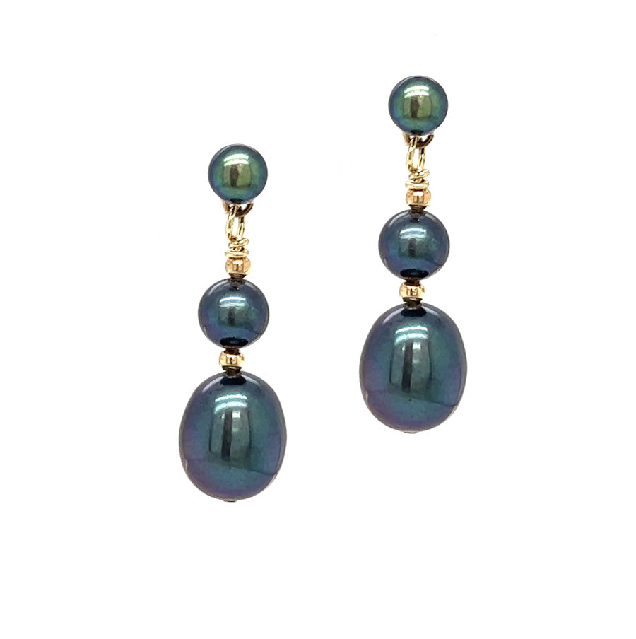 Black Fresh Water Cultured Pearl Triple Drop Earring 9ct Gold