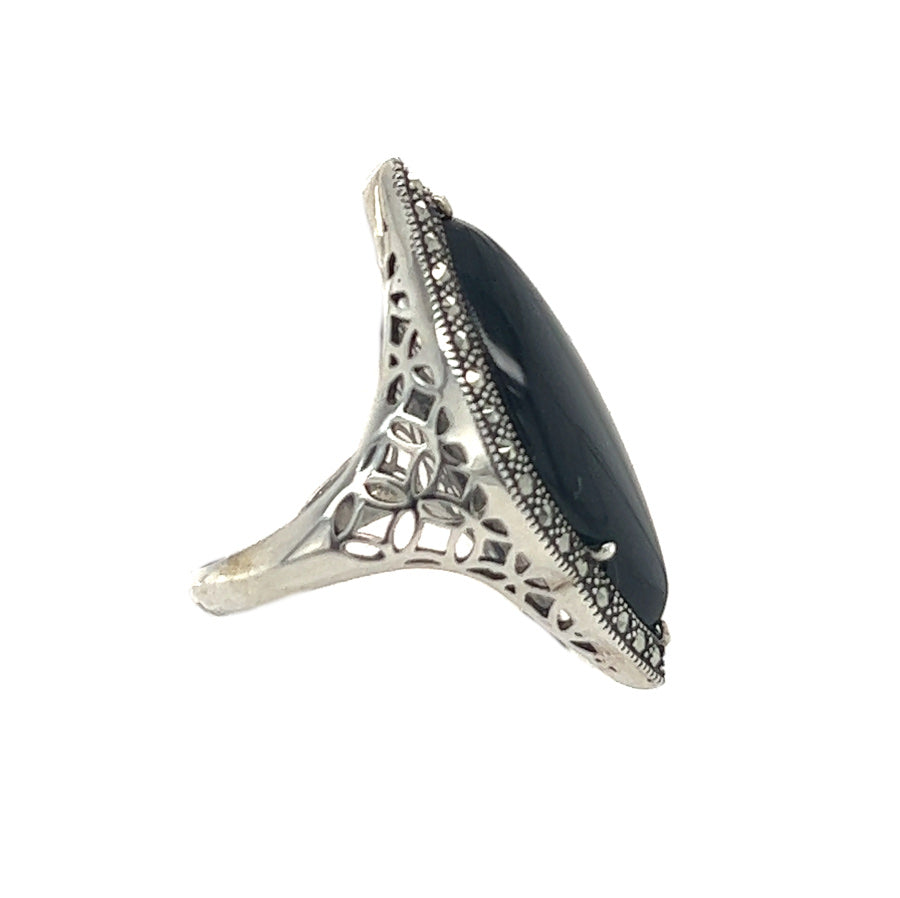 Silver Marcasite Onyx Dress Ring side 2