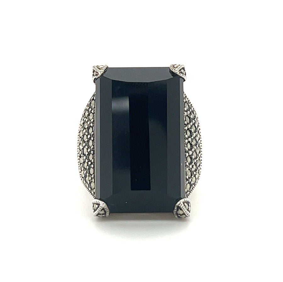 Silver Marcasite Onyx Rectangular Dress Ring