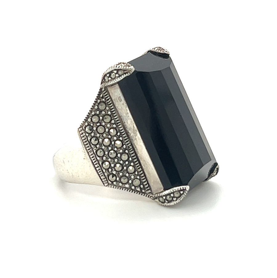 Silver Marcasite Onyx Rectangular Dress Ring side