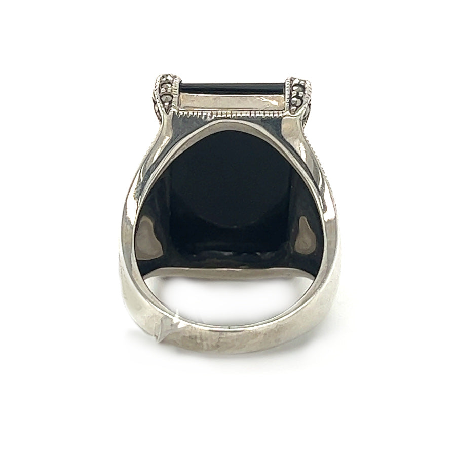 Silver Marcasite Onyx Rectangular Dress Ring rear