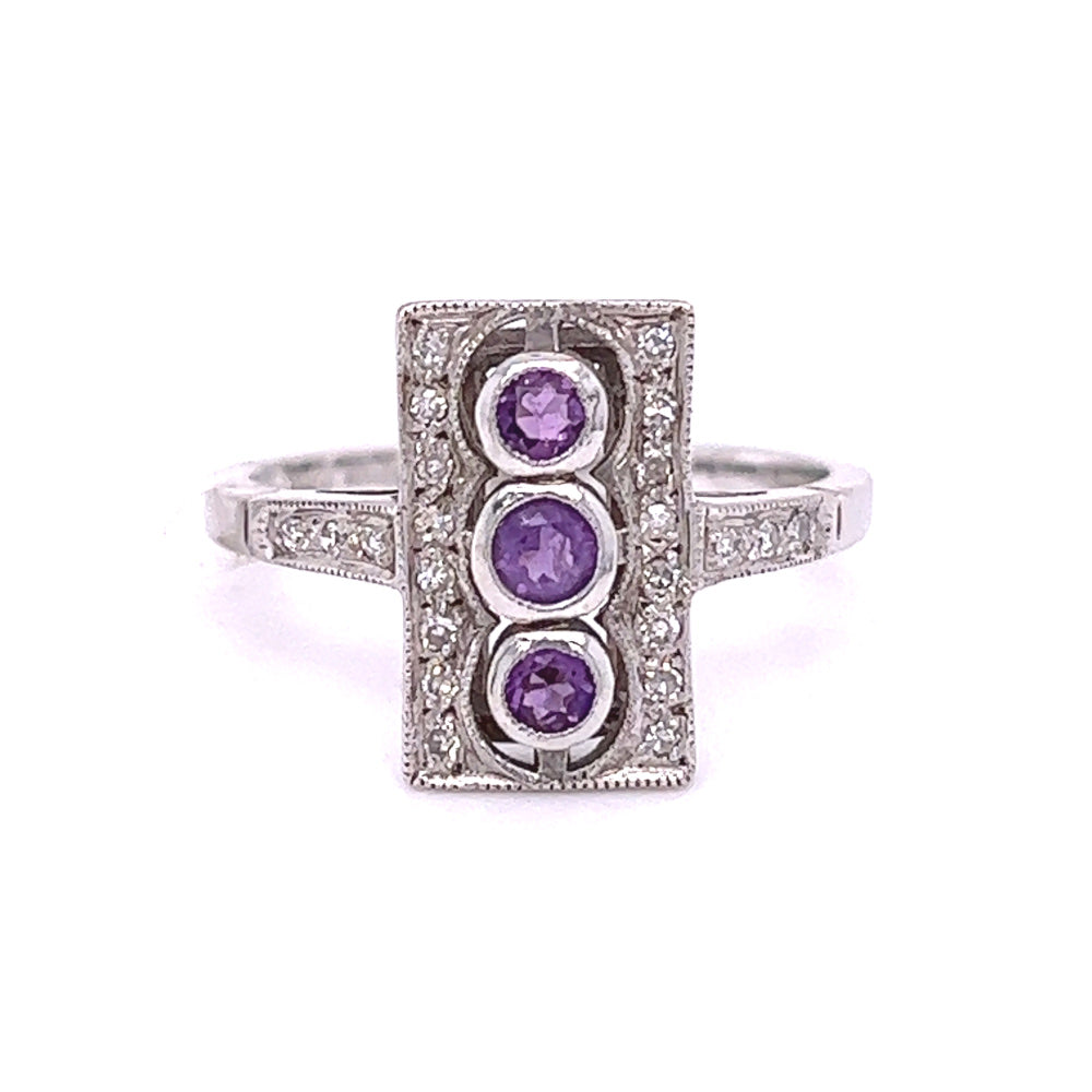 Vintage Style Amethyst & Diamond Ring 9ct White Gold