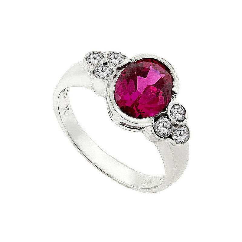 Silver CZ Vintage Style Oval Rubover Red Ring