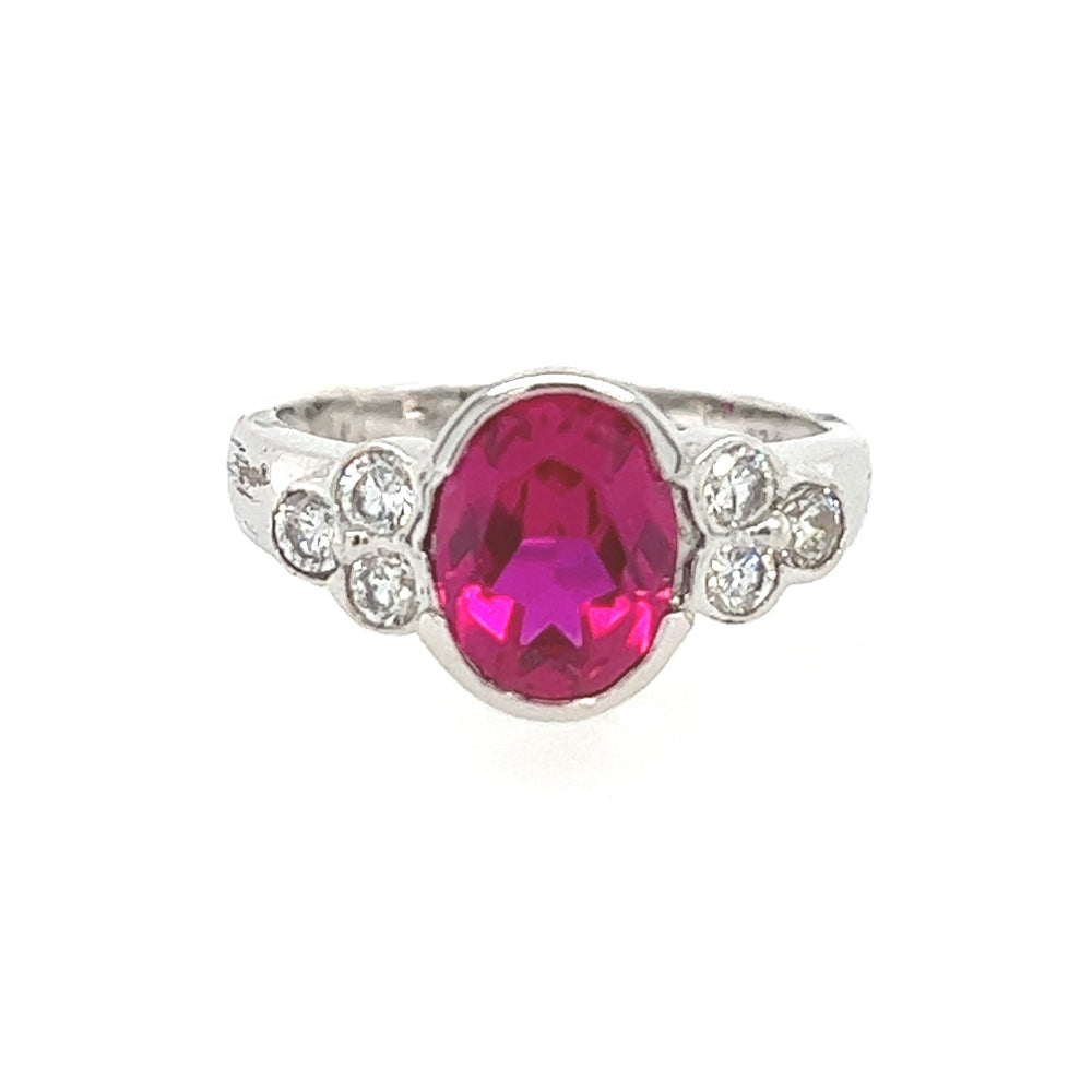 Silver CZ Vintage Style Oval Rubover Red Ring