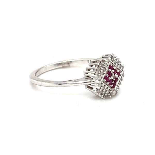 Ruby & Diamond Square Cluster Ring 9ct White Gold side