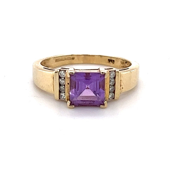Pre Owned Square Amethyst & Diamond Ring 9ct Gold