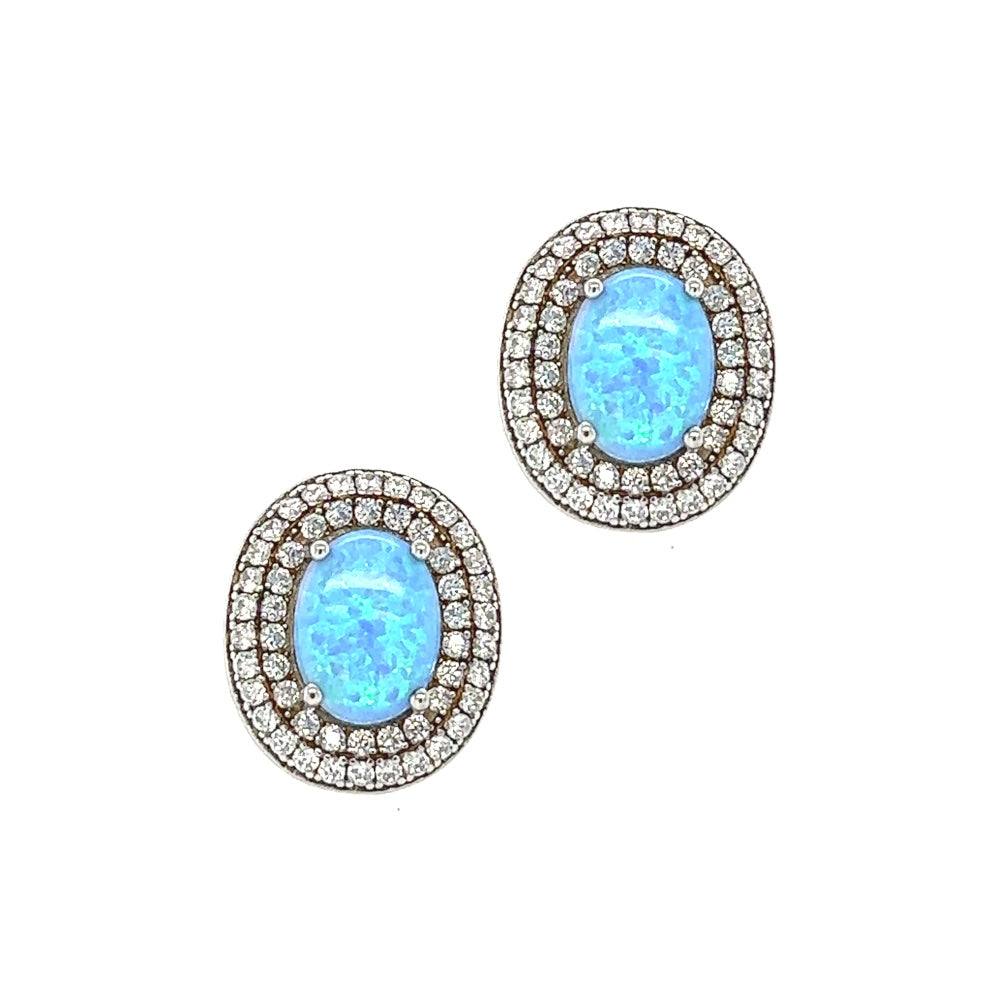 Sterling Silver Oval Created Opal & CZ Earrings