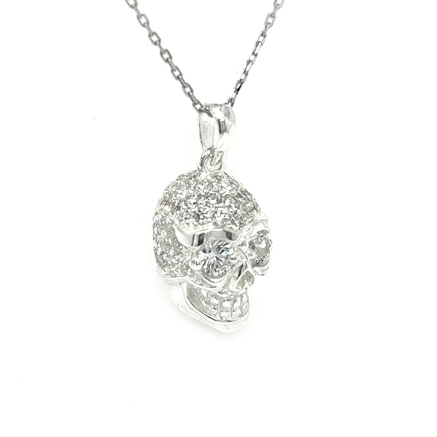 Sterling Silver CZ Encrusted Skull Necklace side