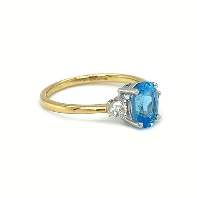 Blue Topaz & Diamond 3 Stone Ring 18ct Gold SIDE