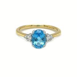 Blue Topaz & Diamond 3 Stone Ring 18ct Gold