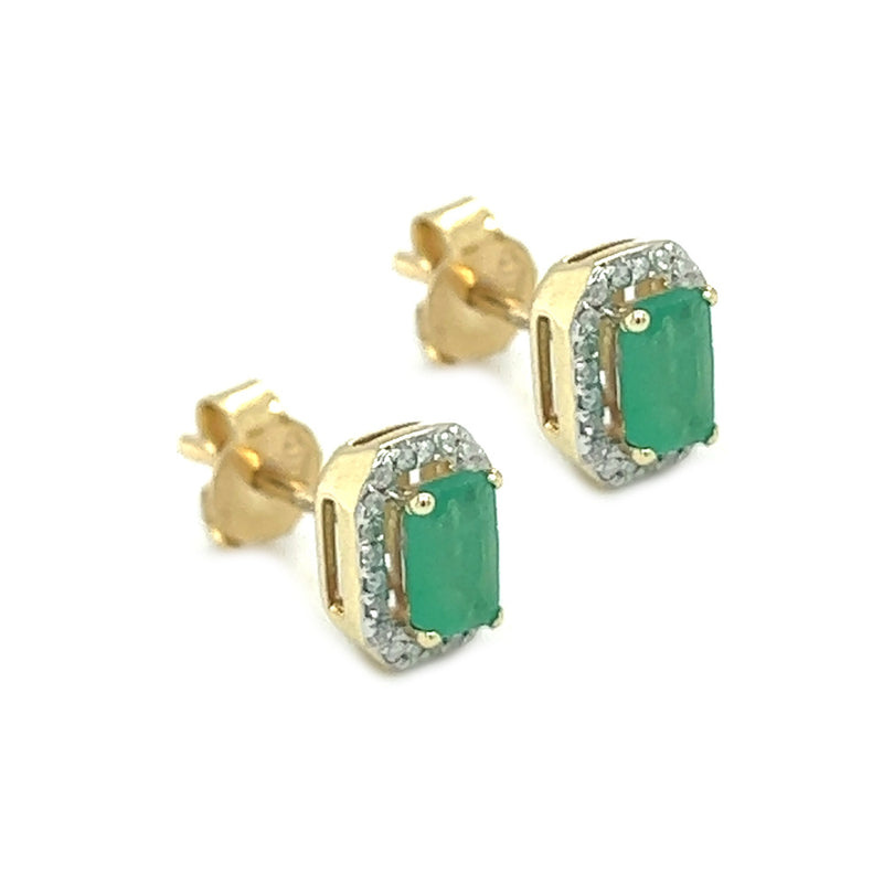 9ct Gold Rectangular Emerald & Diamond Cluster Earrings side