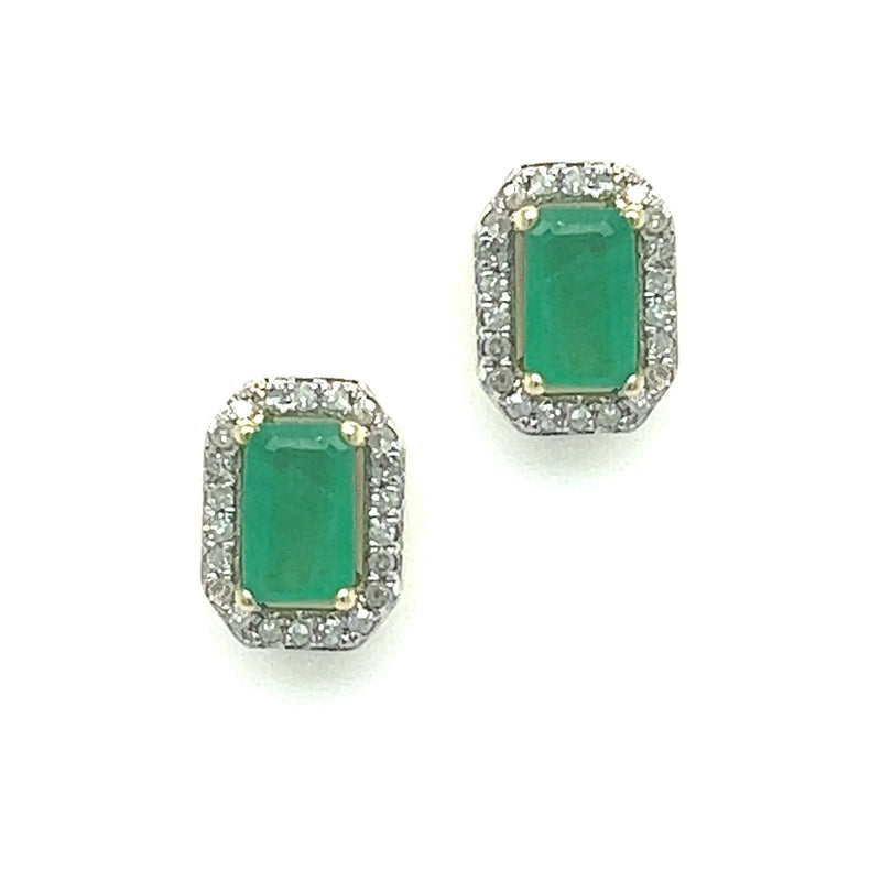 9ct Gold Rectangular Emerald & Diamond Cluster Earrings