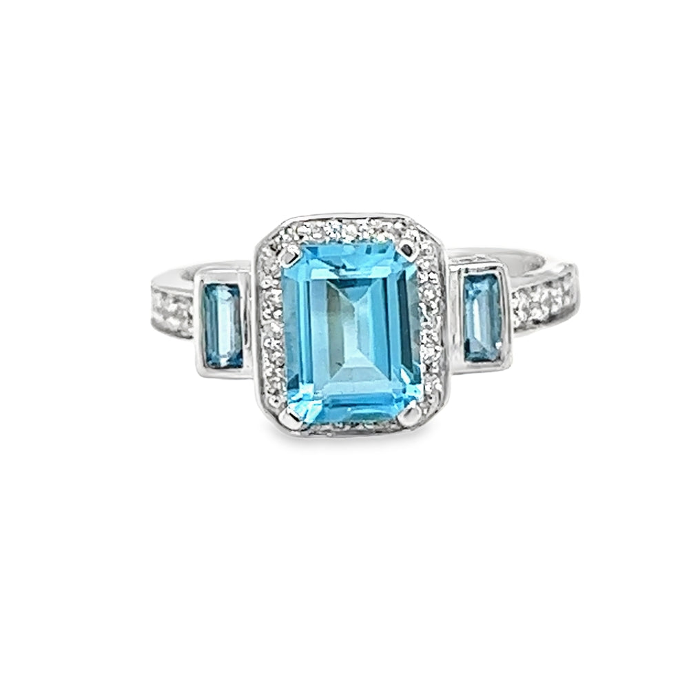 3 Stone Blue Topaz & Diamond Ring 9ct White Gold