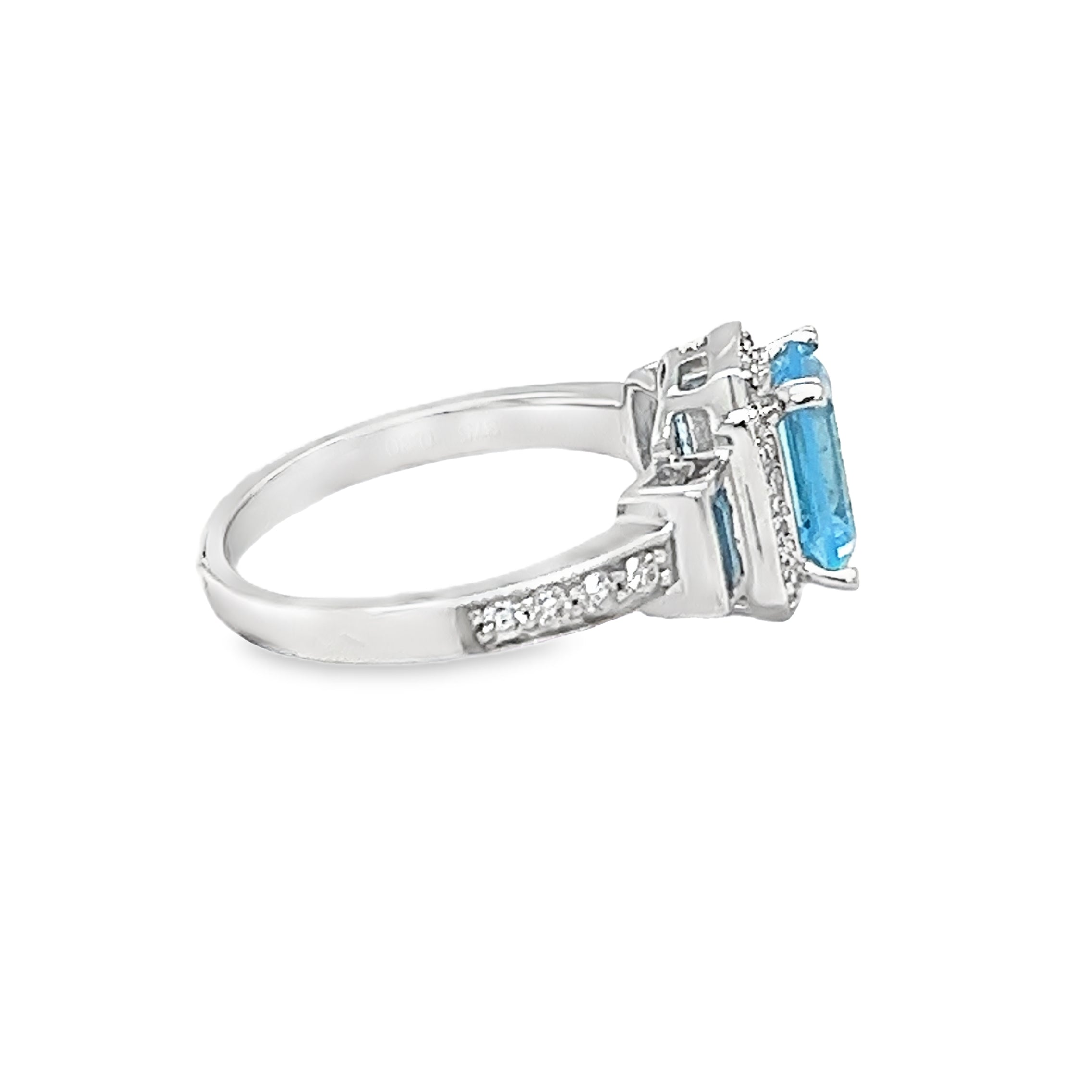 3 Stone Blue Topaz & Diamond Ring 9ct White Gold side 2