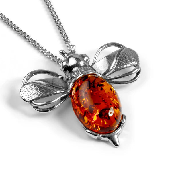 Henryka Large Bumble Bee Necklace in Silver and Amber