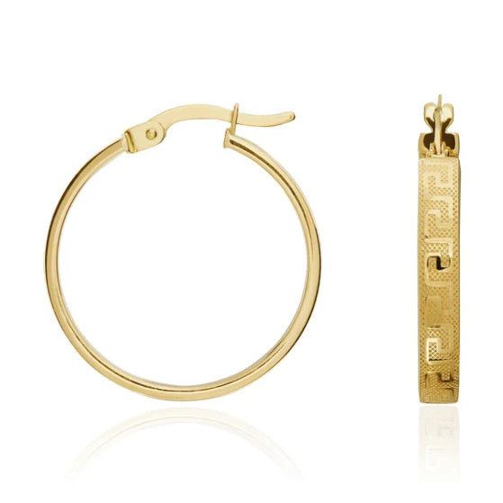 24mm Square Tube Greek Key Hoop Earrings 9ct Gold side