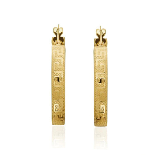24mm Square Tube Greek Key Hoop Earrings 9ct Gold