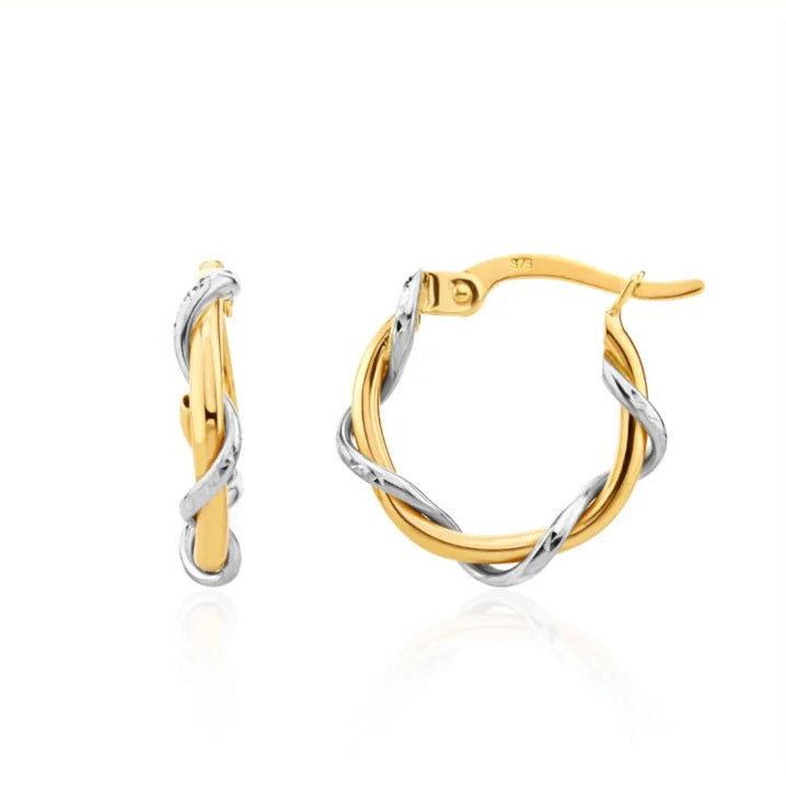 9ct Two Colour Gold Wire Twist Hoop Earrings