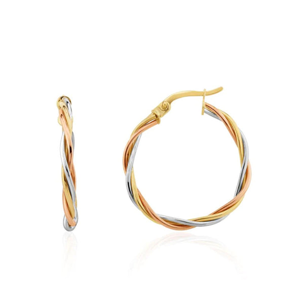 3 Colour Twisted Hoop Earrings 9ct Gold side