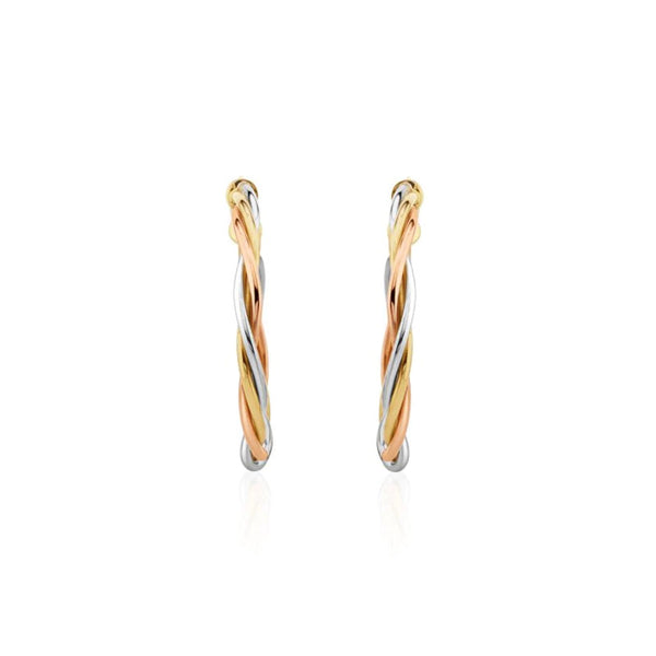 3 Colour Twisted Hoop Earrings 9ct Gold front