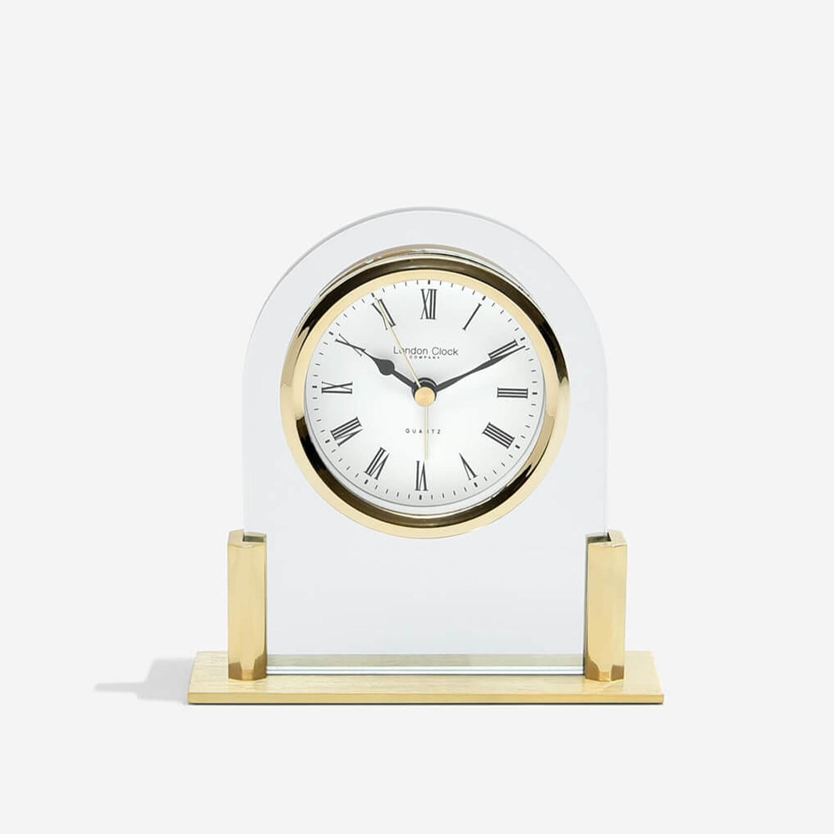 London Clock Gold Arch Top Glass Mantle Clock