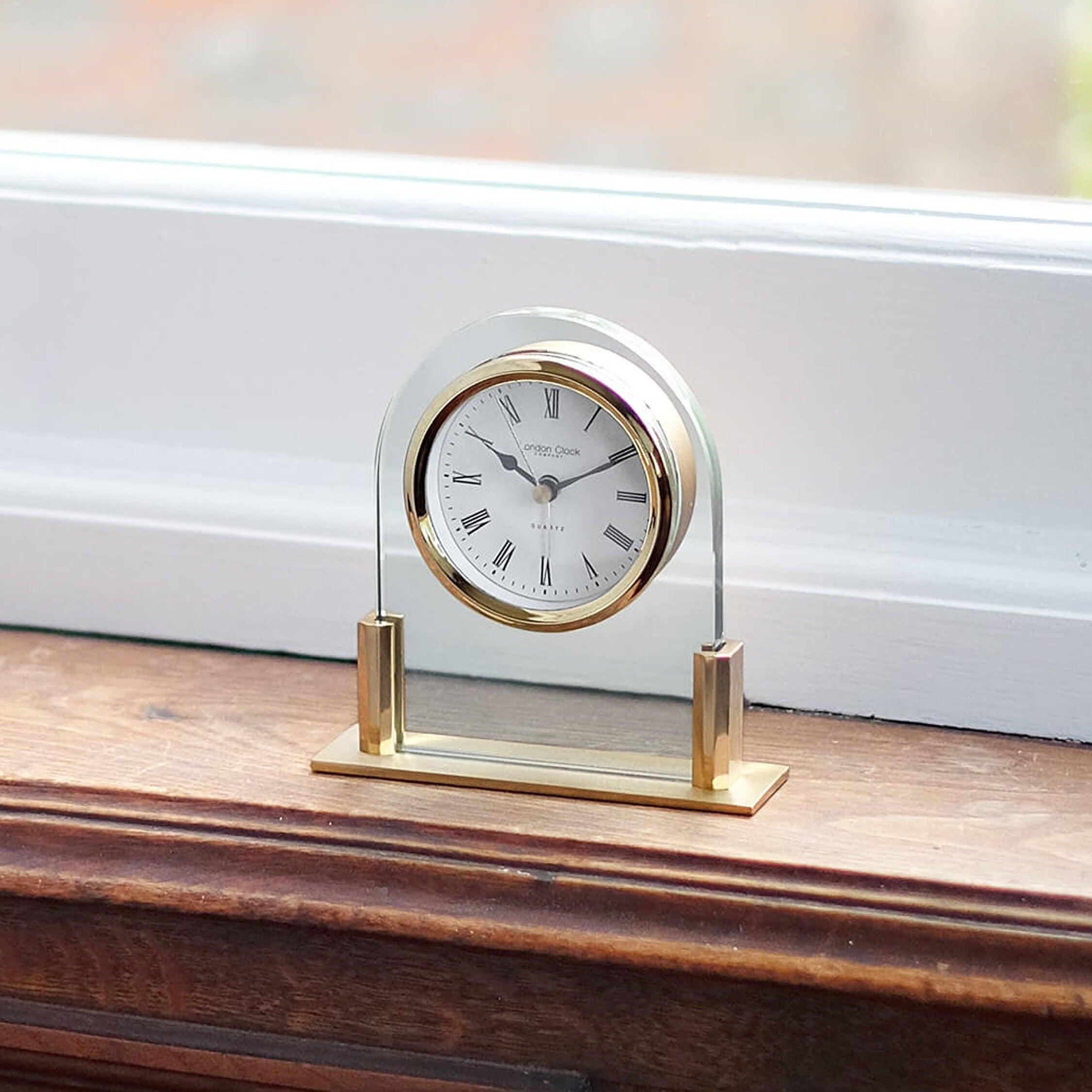 London Clock Gold Arch Top Glass Mantle Clock