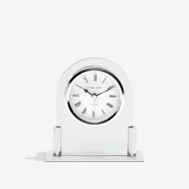 London Clock Silver Arch Top Glass Mantle Clock