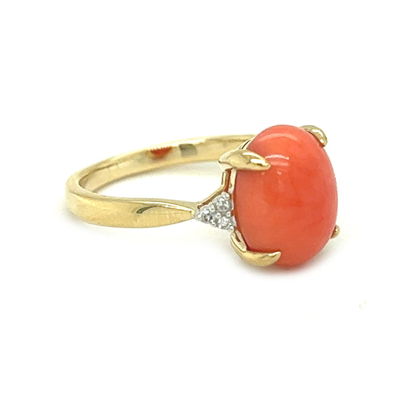 Coral & Diamond Ring 9ct Yellow Gold side