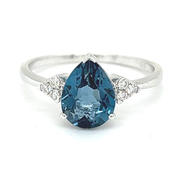 Pear Cut London Blue Topaz & Diamond Ring 9ct White Gold