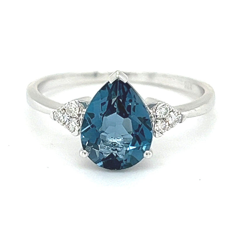 Pear Cut London Blue Topaz & Diamond Ring 9ct White Gold