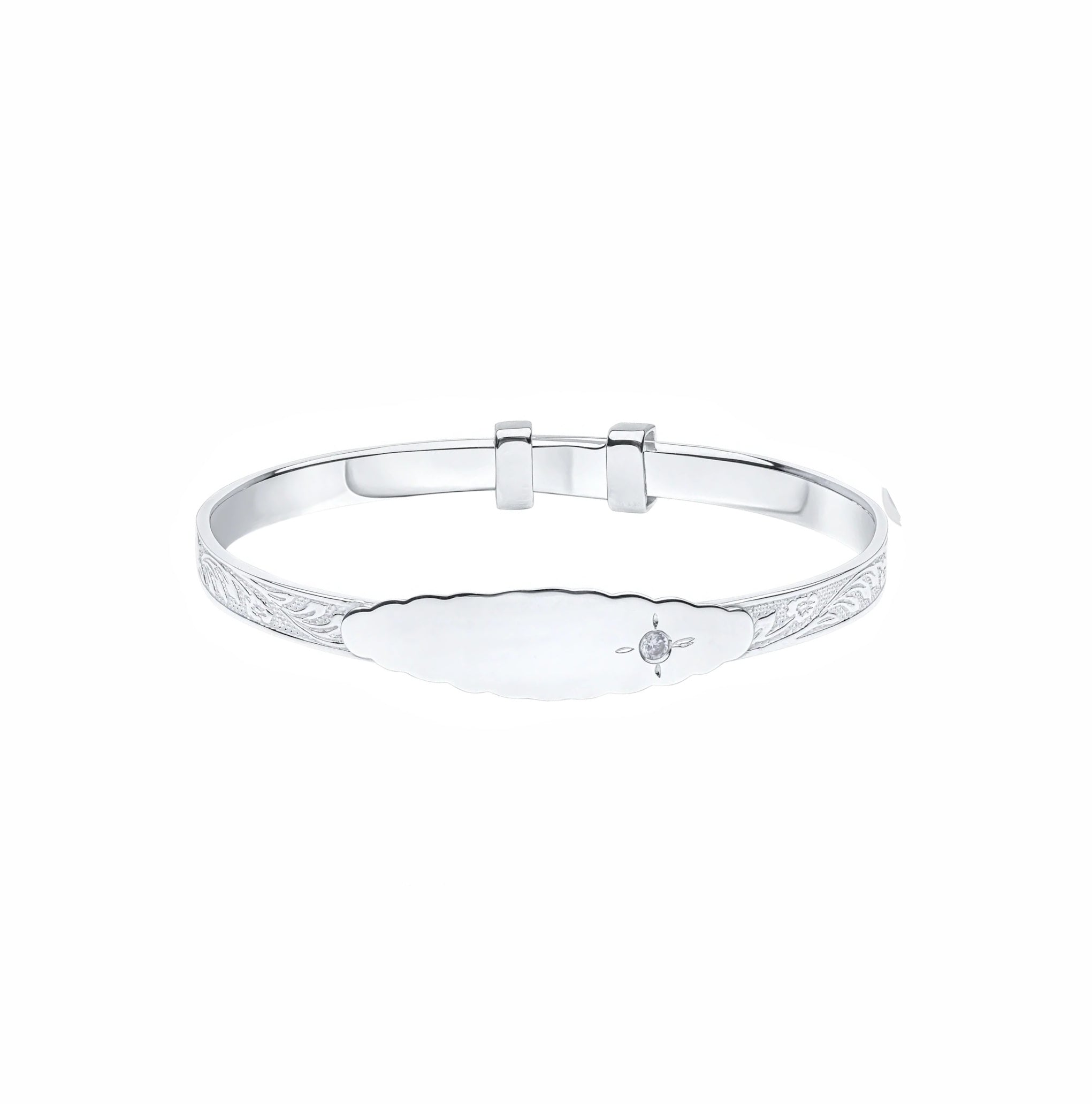 Sterling Silver Floral Expanding Childs ID Bangle White CZ
