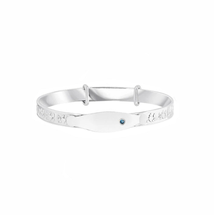 Sterling Silver Teddy Bear Expanding Childs ID Blue CZ Bangle