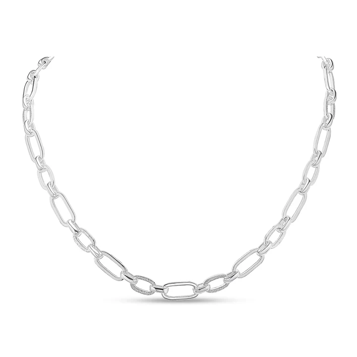 Silver Textured & Polished Paper Chain Link Necklace 18 Inch