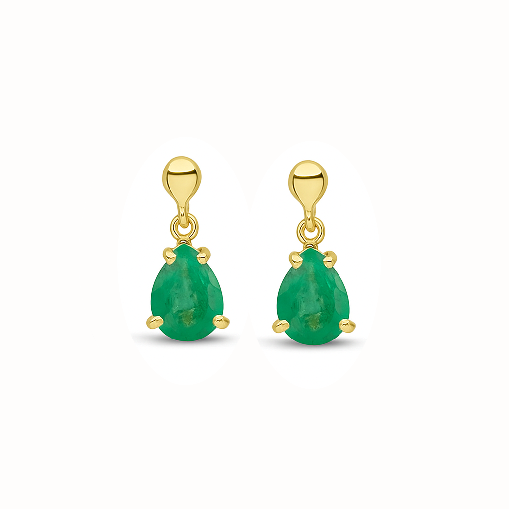 9ct Gold Pear Cut Emerald Drop Earrings