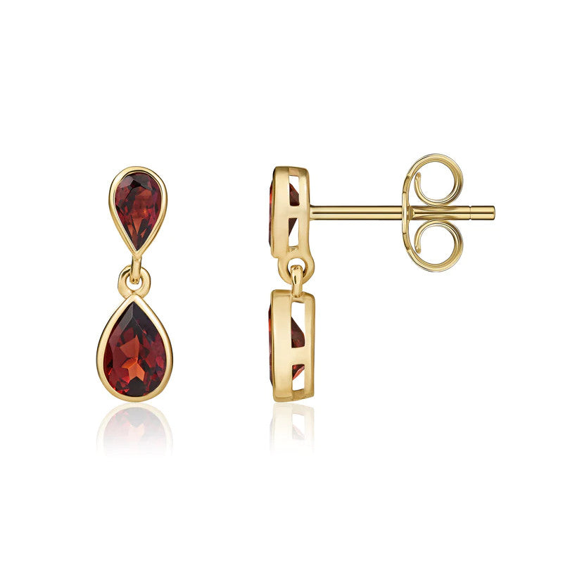 9ct Gold Pear Shaped Garnet Double Drop Earrings side