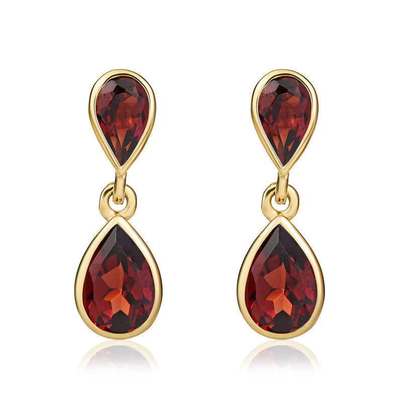 9ct Gold Pear Shaped Garnet Double Drop Earrings