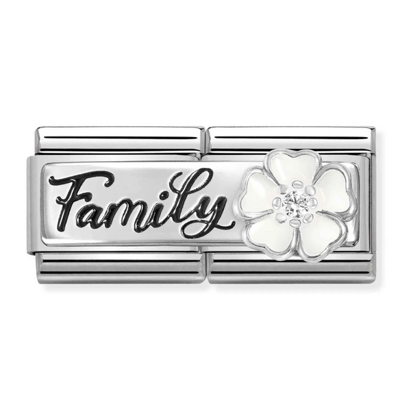 Nomination Double Link Family White Flower with CZ Charm in Silver
